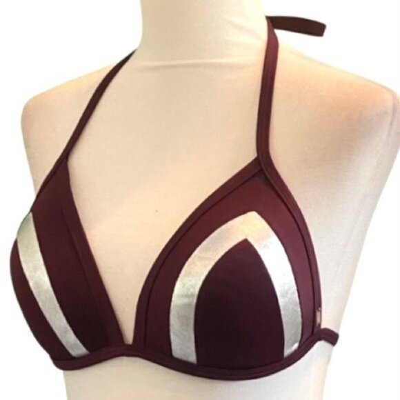 PINK Victoria's Secret Burgundy Silver Foil Triangle String Bikini Top Sz Large - Picture 3 of 6